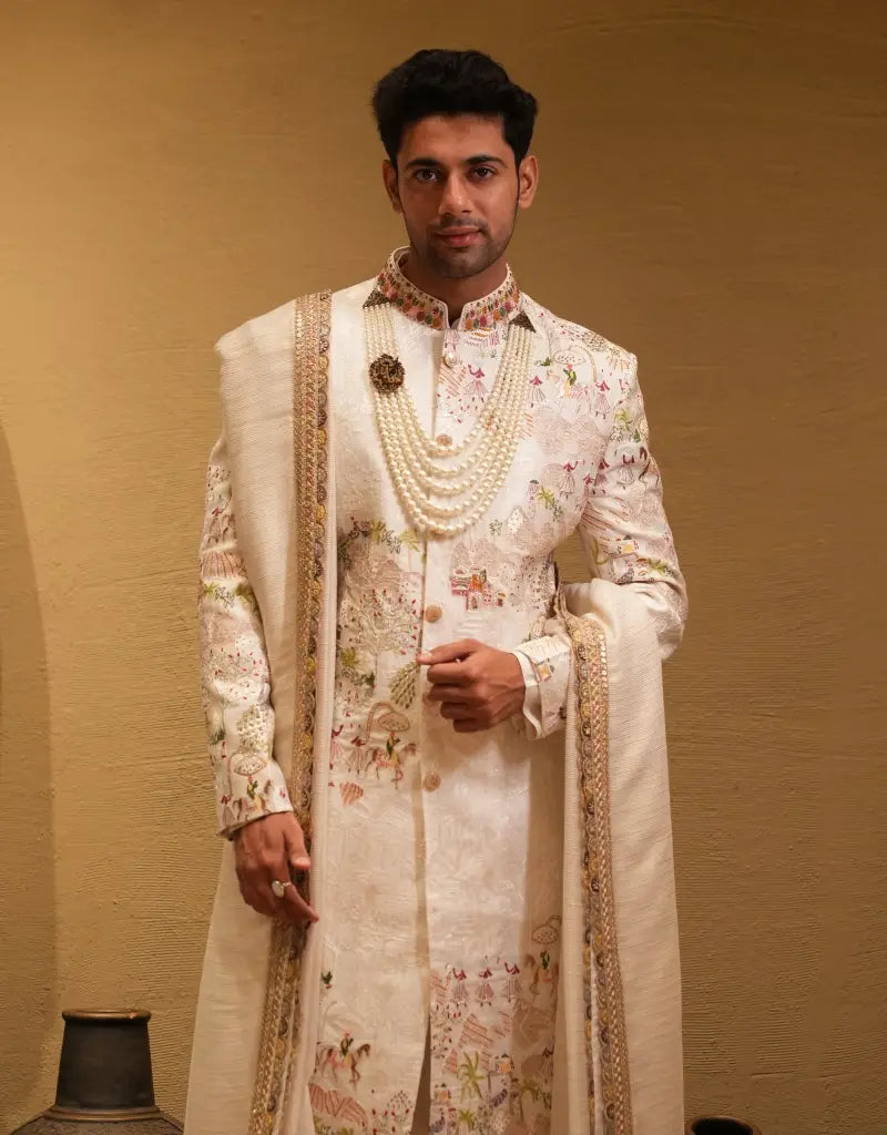 A man wearing a Royal Ivory Tapestry Sherwani Set from The HUB.