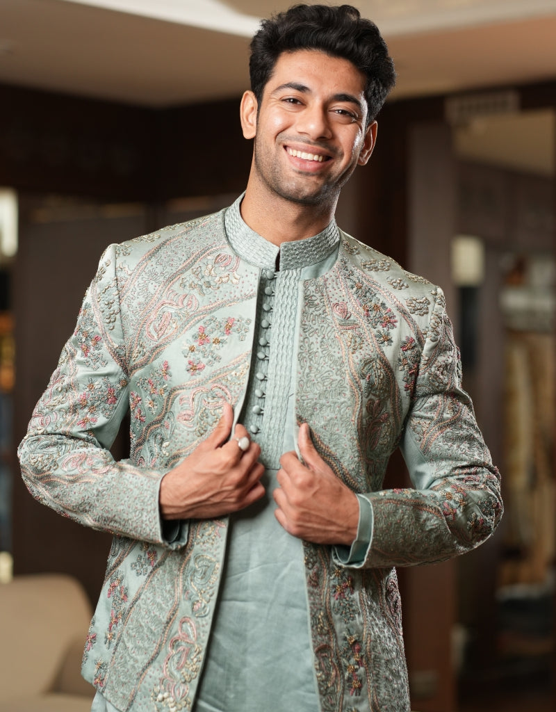 Celestial Sage Hand-Embroidered Indo-Western