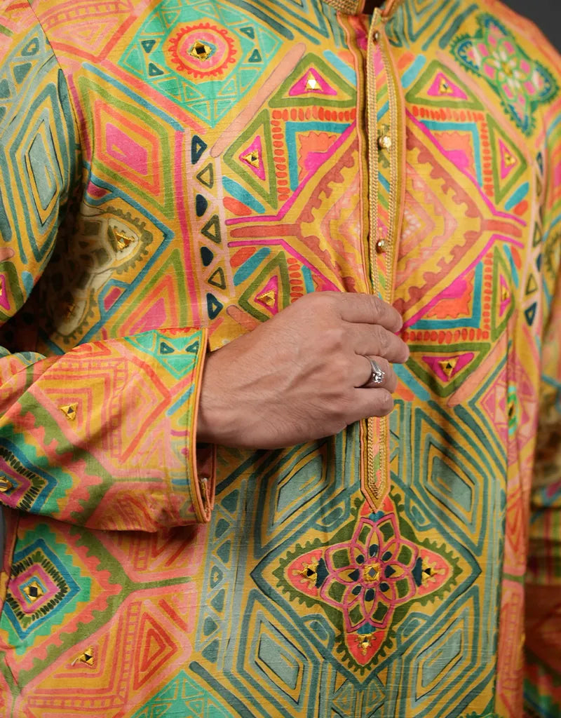 Colorful traditional Heritage Silk Kalamkari Men's Kurta with intricate patterns