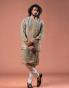 Man wearing a traditional Kalamkari Gotta Bandi Kurta Set with intricate patterns on a brown background
