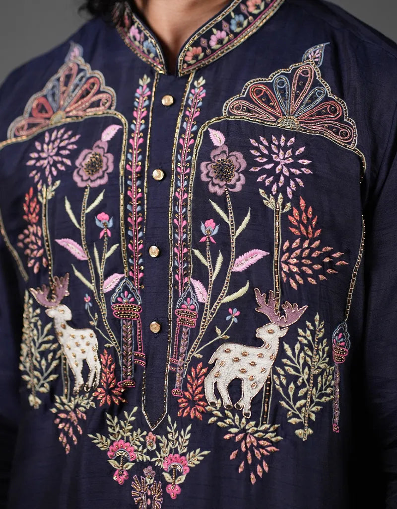 Navy blue kurta with intricate floral and deer embroidery