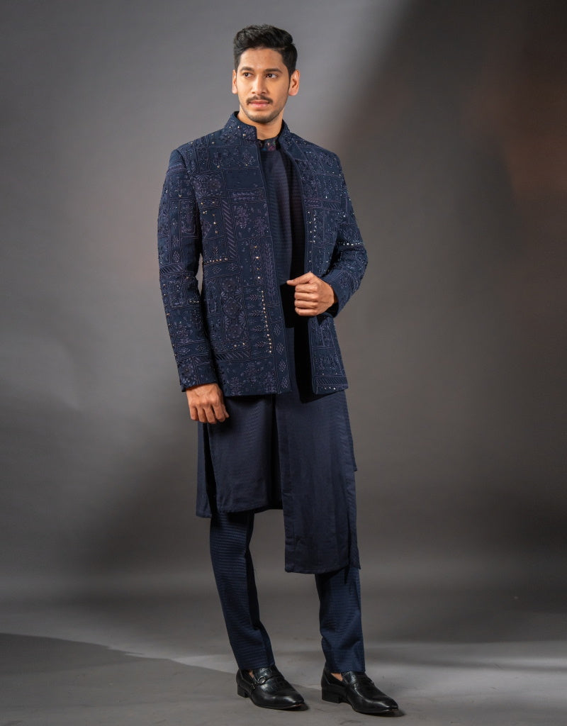 Three-piece Contrasting Mirror Work Indo-western in Blue