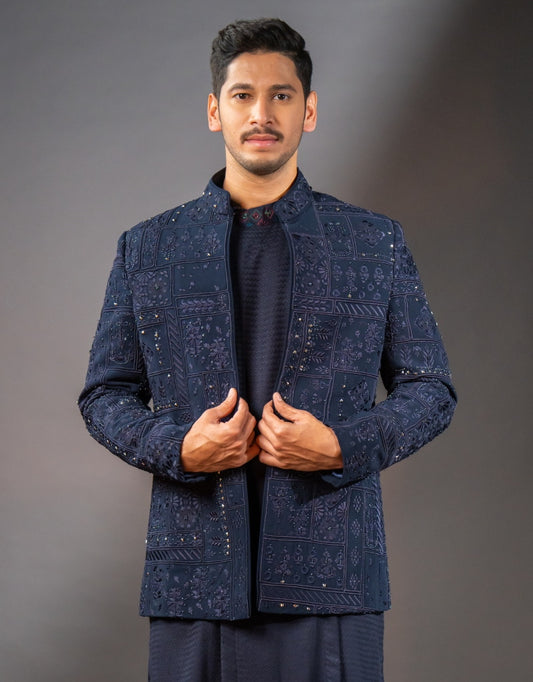 Three-piece Contrasting Mirror Work Indo-western in Blue