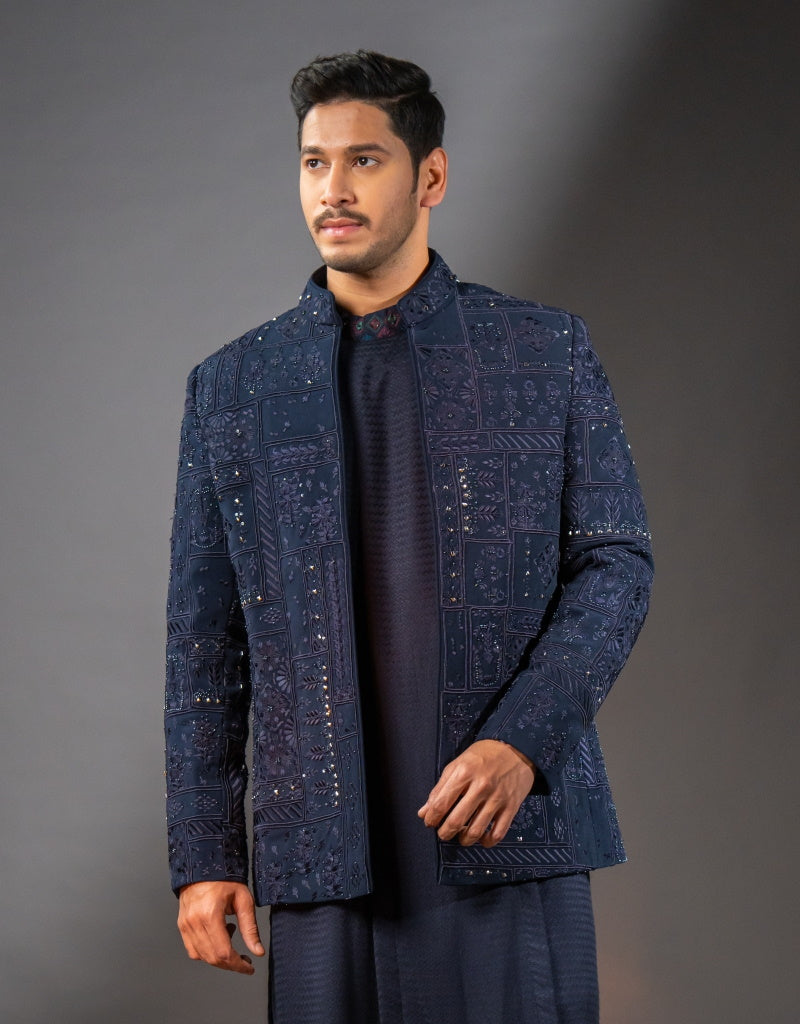 Three-piece Contrasting Mirror Work Indo-western in Blue