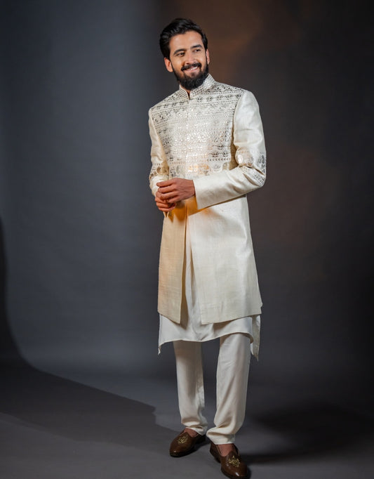 Three-piece Leather Patchwork Indo-western in Ivory