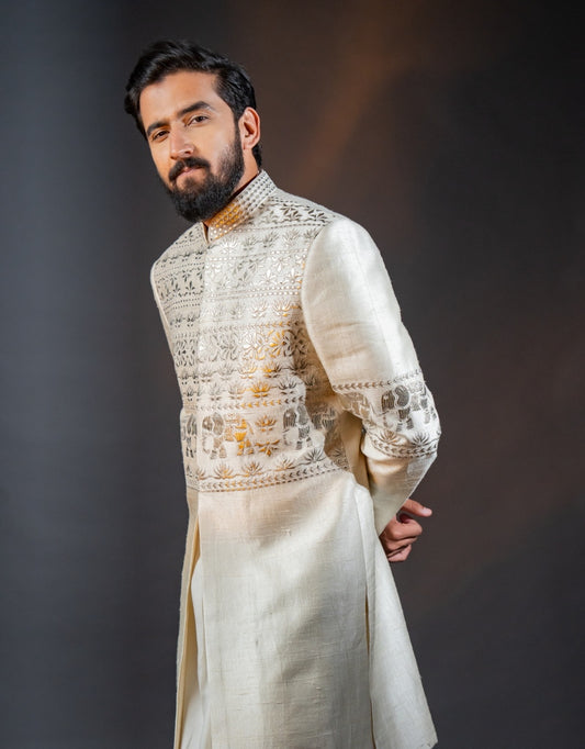 Three-piece Leather Patchwork Indo-western in Ivory