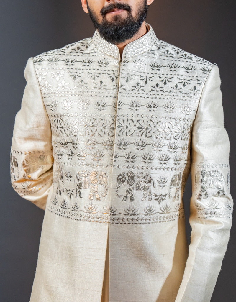 Three-piece Leather Patchwork Indo-western in Ivory
