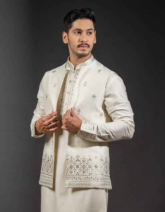 Three-piece Leather Applique Work Indo-western in Ivory