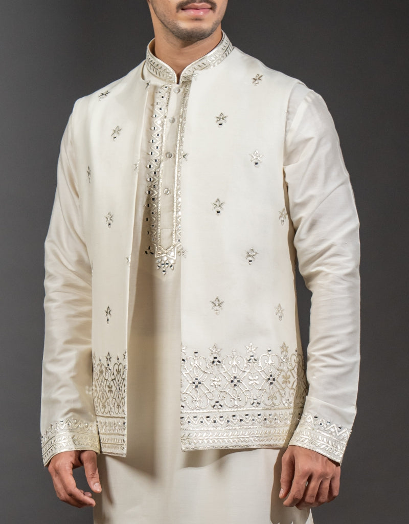 Three-piece Leather Applique Work Indo-western in Ivory