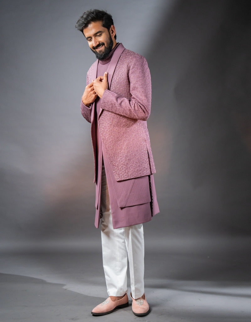 Three-piece Tuxedo Lapel Look Indo-western in Onion Pink