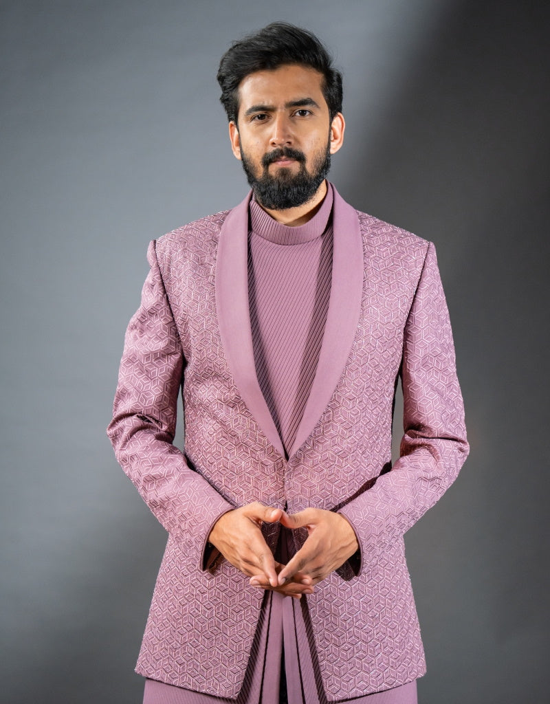 Three-piece Tuxedo Lapel Look Indo-western in Onion Pink