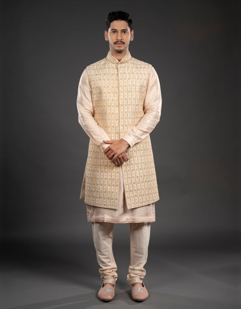 Three-piece Tikki, Zari and Hand Work Indo-western in Peach