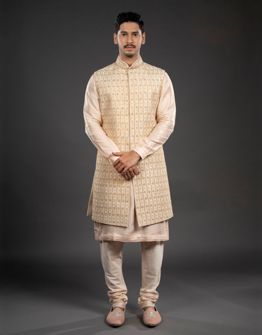 Three-piece Tikki, Zari and Hand Work Indo-western in Peach