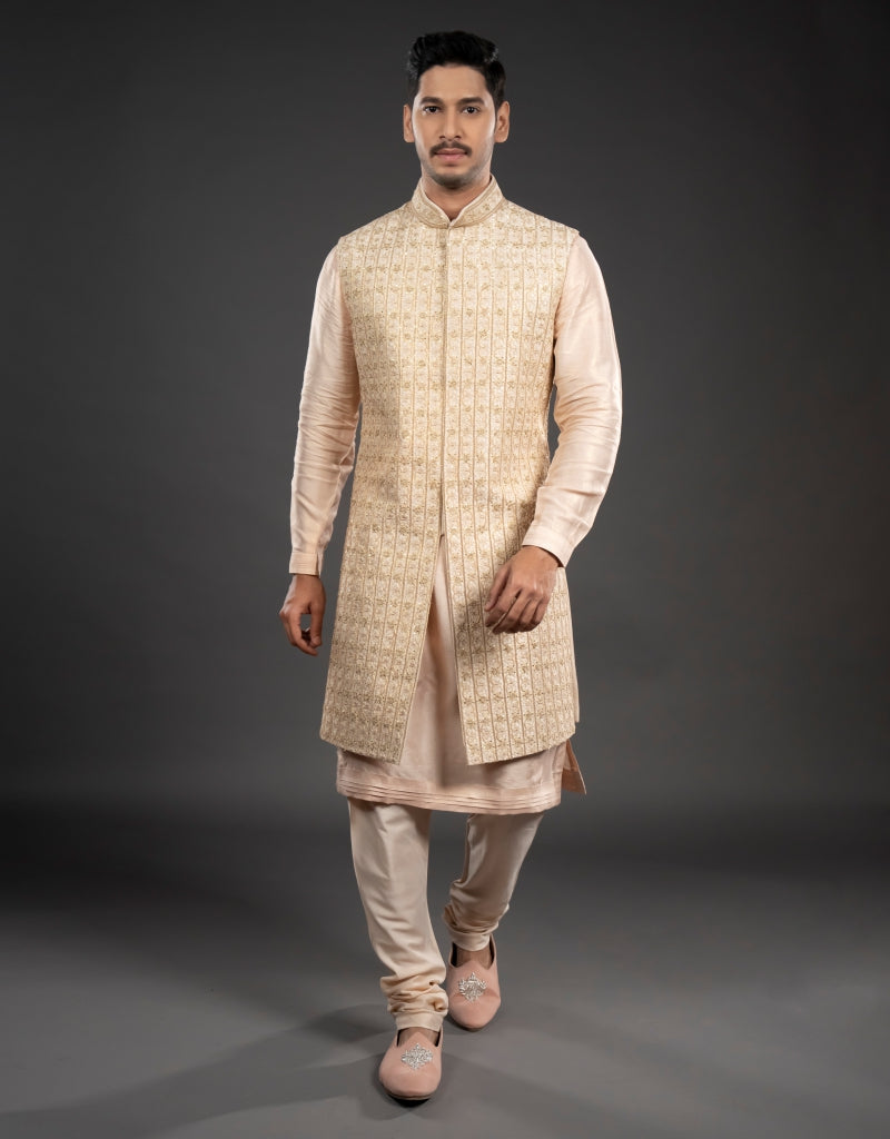 Three-piece Tikki, Zari and Hand Work Indo-western in Peach
