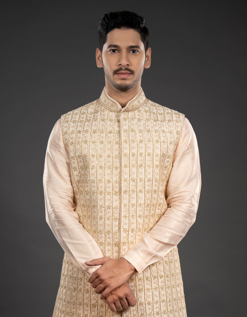 Three-piece Tikki, Zari and Hand Work Indo-western in Peach