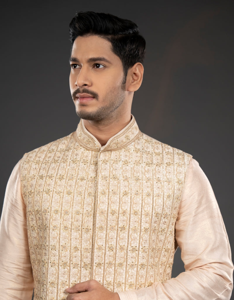 Three-piece Tikki, Zari and Hand Work Indo-western in Peach