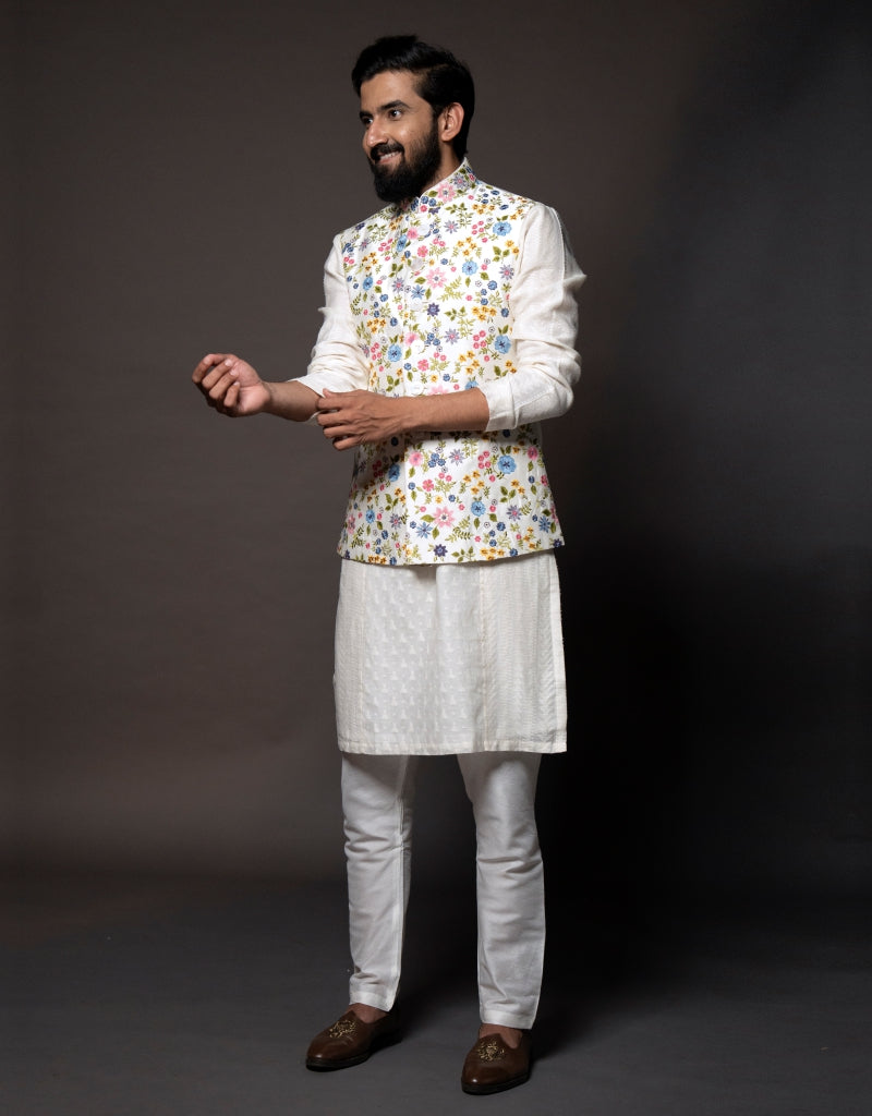 Three-Piece Brasso Print Bundi Set in Multicolor on Off-white