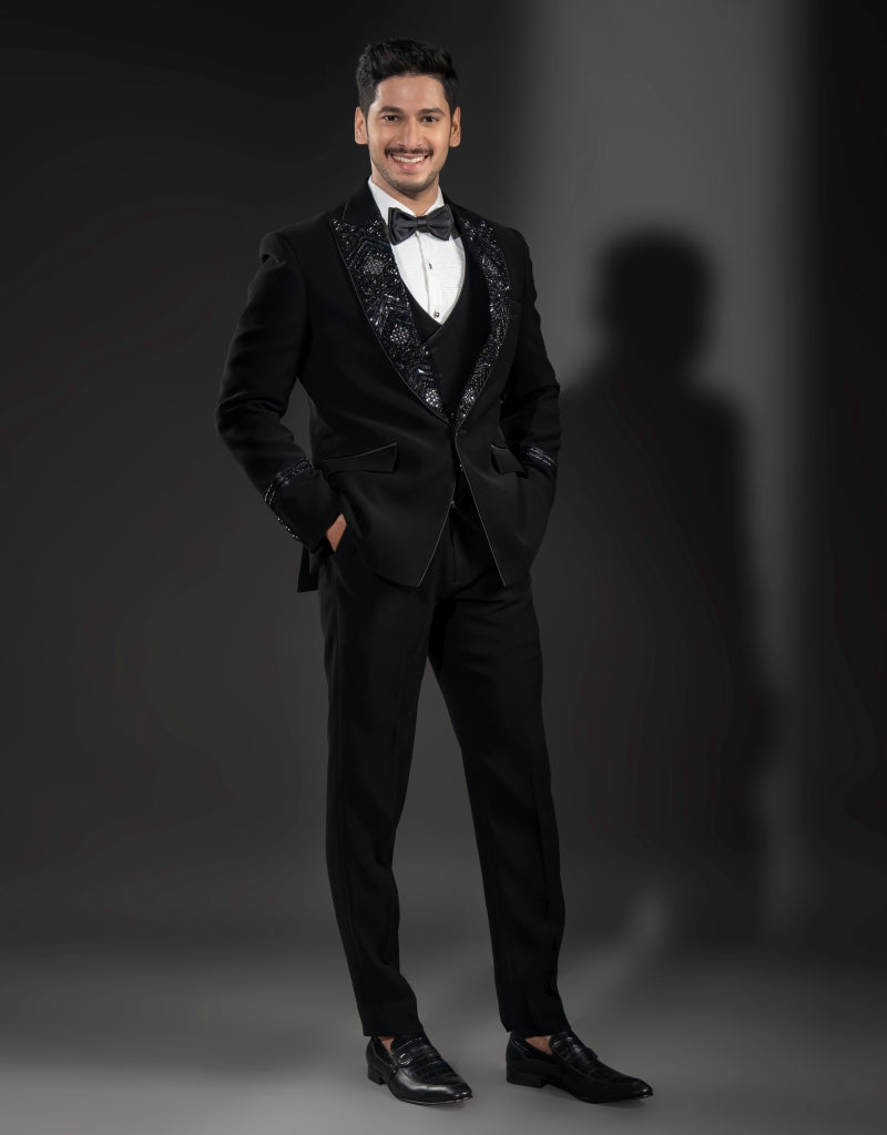 Three-piece Heavy Hand Embroidery Suit in Black