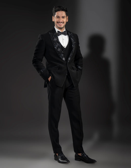 Three-piece Heavy Hand Embroidery Suit in Black