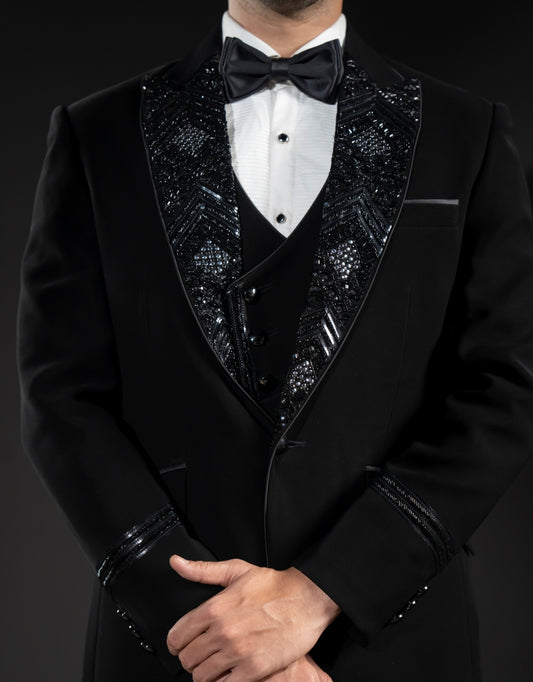 Three-piece Heavy Hand Embroidery Suit in Black