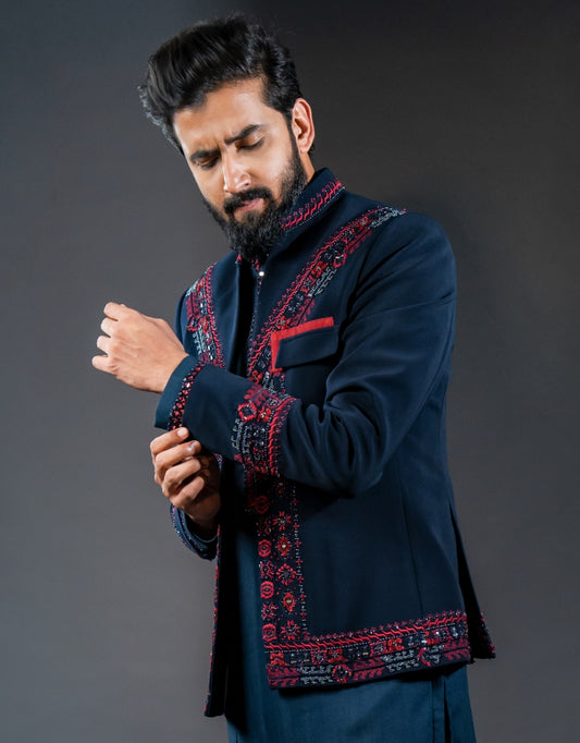 Three-piece Open Coatie With Asymmetrical Kurta and Trousers Indo-western in Blue