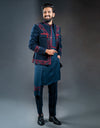 Three-piece Open Coatie With Asymmetrical Kurta and Trousers Indo-western in Blue