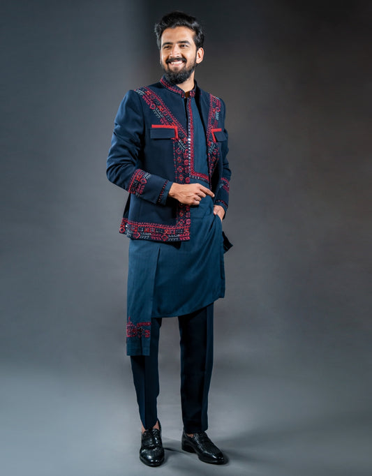 Three-piece Open Coatie With Asymmetrical Kurta and Trousers Indo-western in Blue