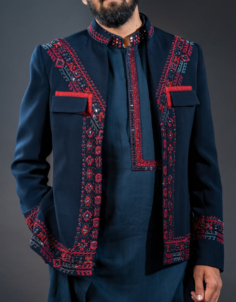 Three-piece Open Coatie With Asymmetrical Kurta and Trousers Indo-western in Blue