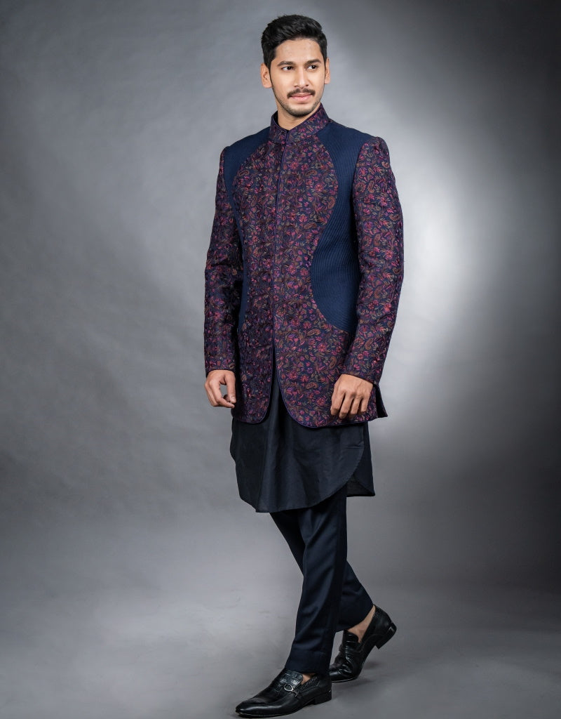 Three-piece Floral Kardana Hand and Machine Work Indo-western in Navy Blue