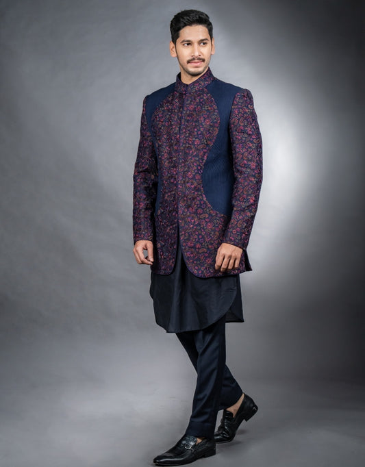 Three-piece Floral Kardana Hand and Machine Work Indo-western in Navy Blue