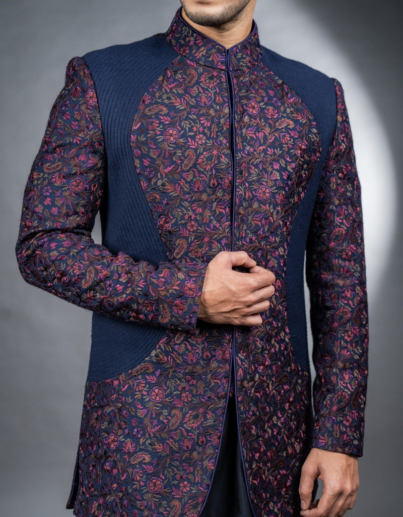 Three-piece Floral Kardana Hand and Machine Work Indo-western in Navy Blue