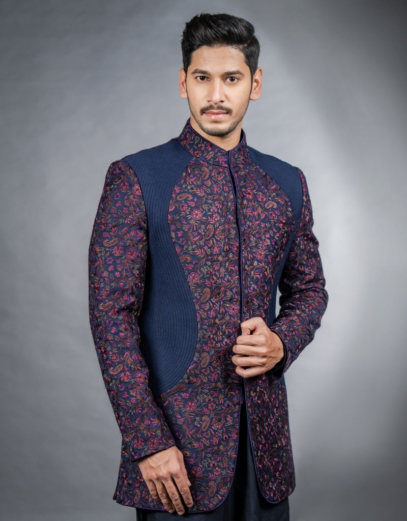 Three-piece Floral Kardana Hand and Machine Work Indo-western in Navy Blue