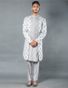Three-Piece Indowestern in Satin Silk with Bead & Threaded French Knots in Grey
