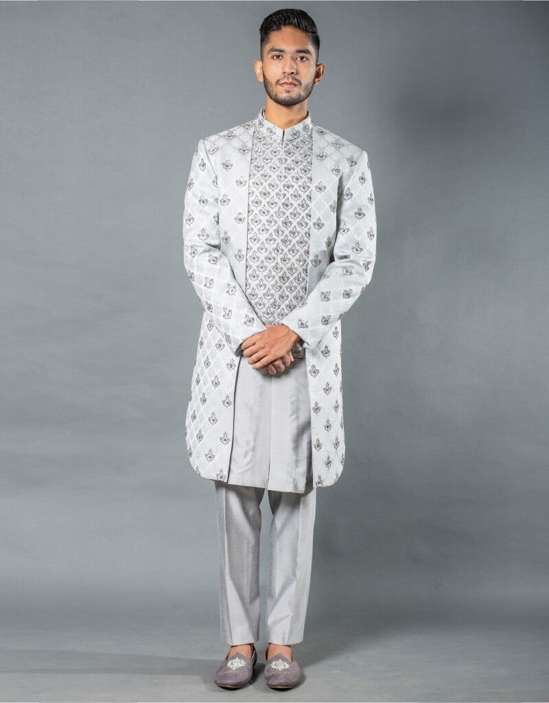 Three-Piece Indowestern in Satin Silk with Bead & Threaded French Knots in Grey