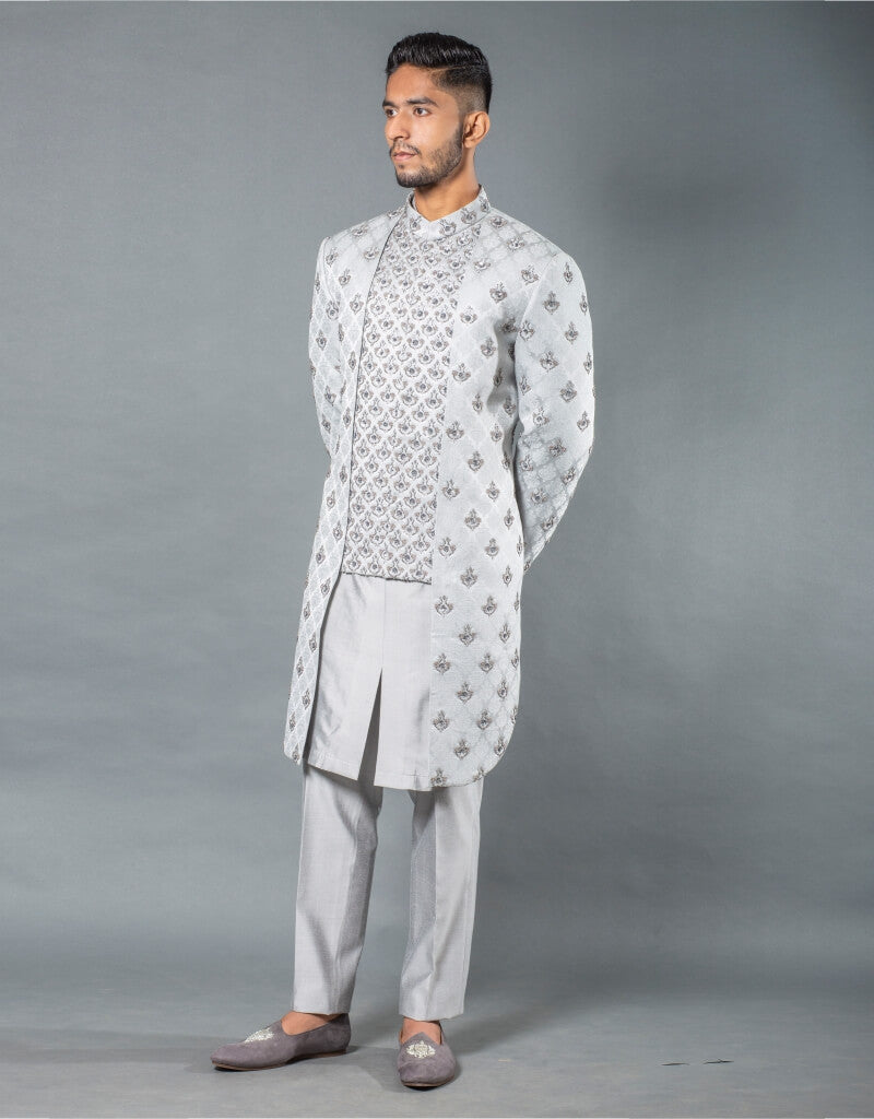 Three-Piece Indowestern in Satin Silk with Bead & Threaded French Knots in Grey