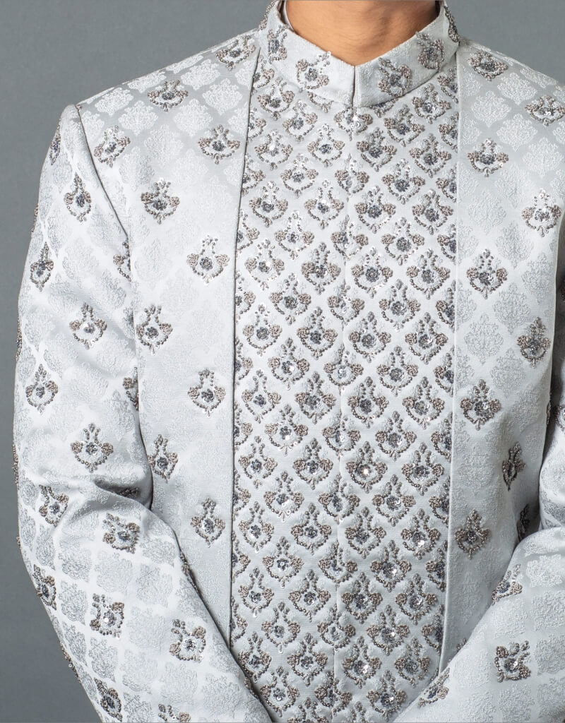 Three-Piece Indowestern in Satin Silk with Bead & Threaded French Knots in Grey