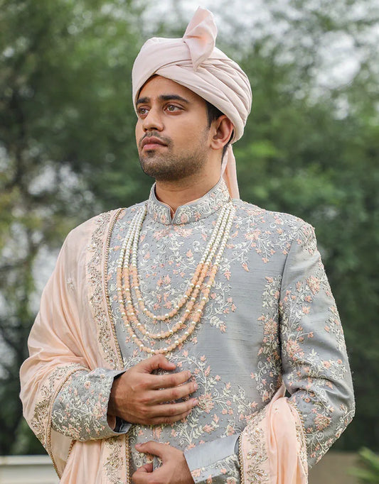 A man wearing Three-piece Sherwani in Raw Silk with Kardana work in Grey from The HUB.