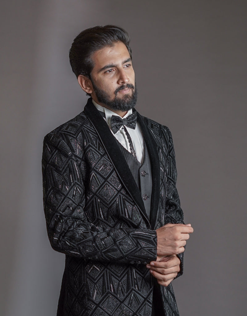 Five-piece Velvet Label Bandhgala Style Suit in Black