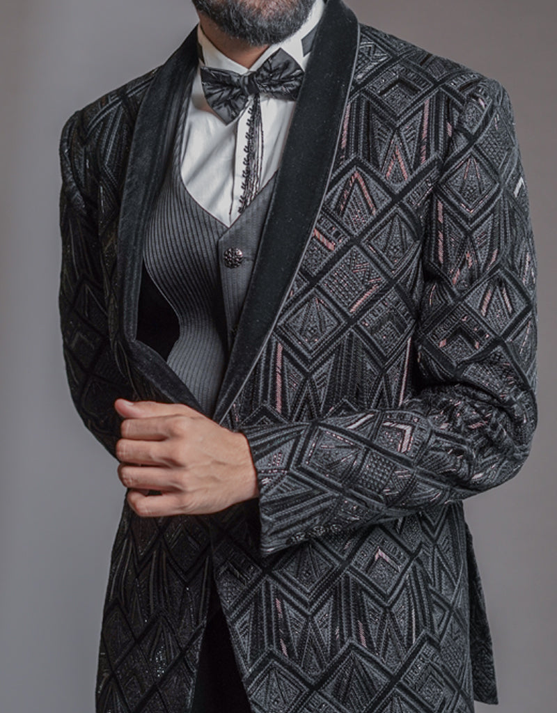 Five-piece Velvet Label Bandhgala Style Suit in Black