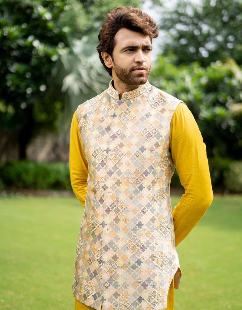 Three-Piece Pearl and Zardozi Handwork Waistcoat in Mustard