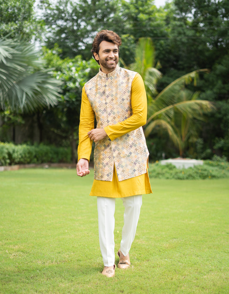 Three-Piece Pearl and Zardozi Handwork Waistcoat in Mustard