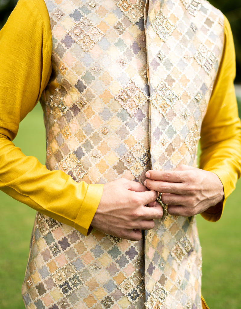 Three-Piece Pearl and Zardozi Handwork Waistcoat in Mustard