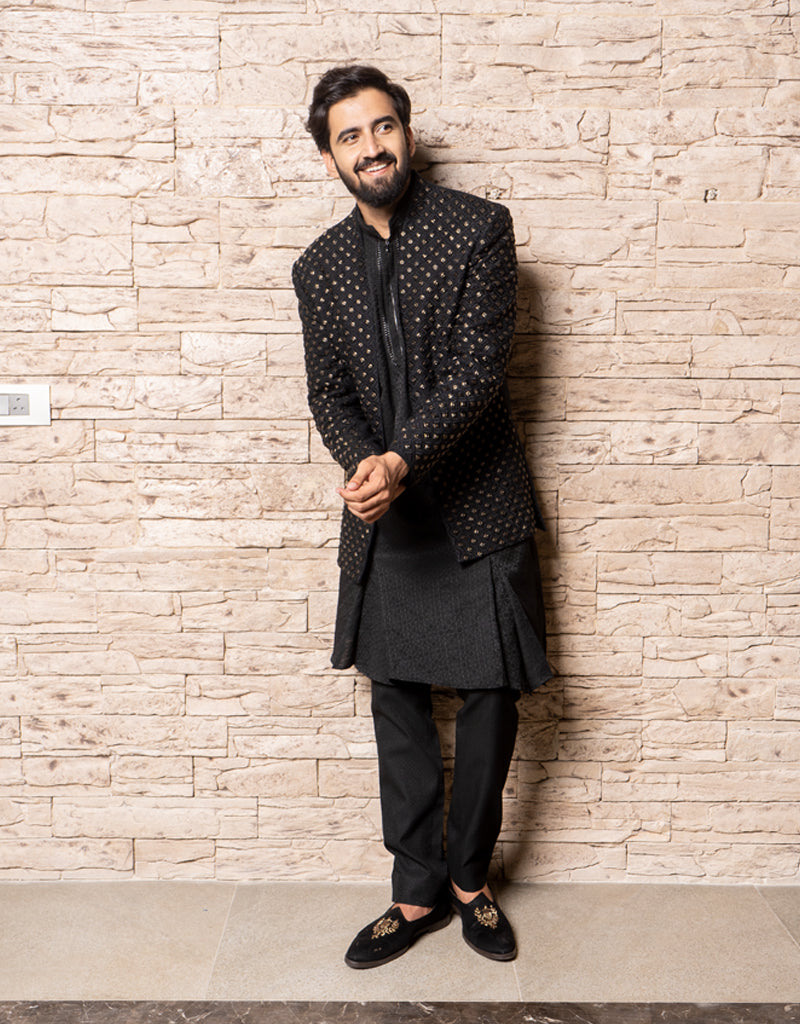 Three-piece Indo-western Oxidized Article Handwork in Black