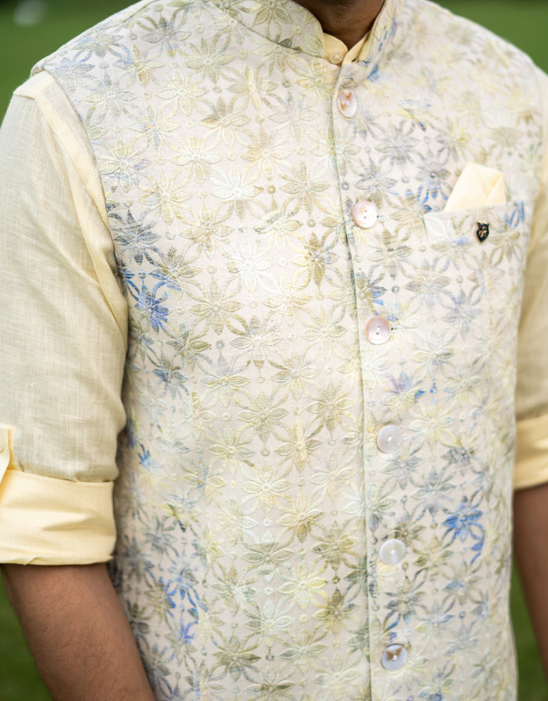 Two-Piece Machine Embroidery Bundi Shirt with Multi-colored Coatie