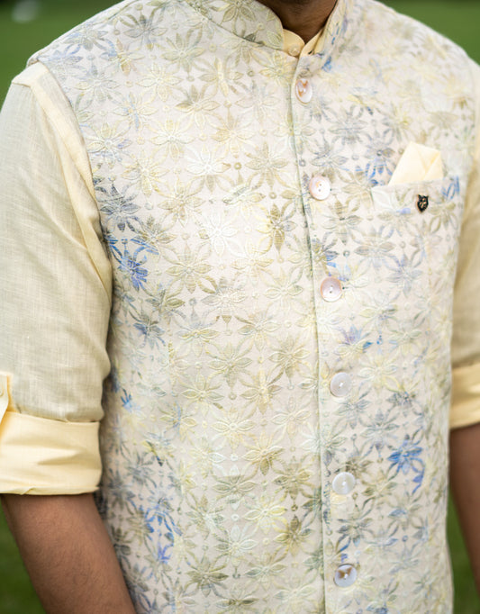 Two-Piece Machine Embroidery Bundi Shirt with Multi-colored Coatie