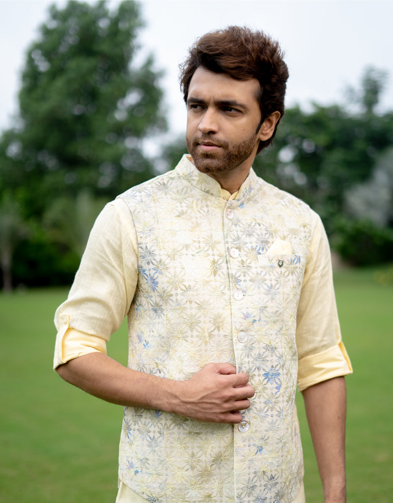 Two-Piece Machine Embroidery Bundi Shirt with Multi-colored Coatie