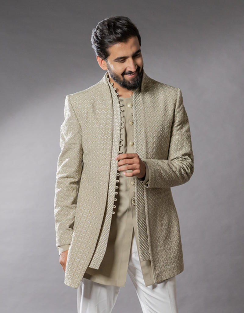 Four-piece Matka Silk Indo-western in Olive