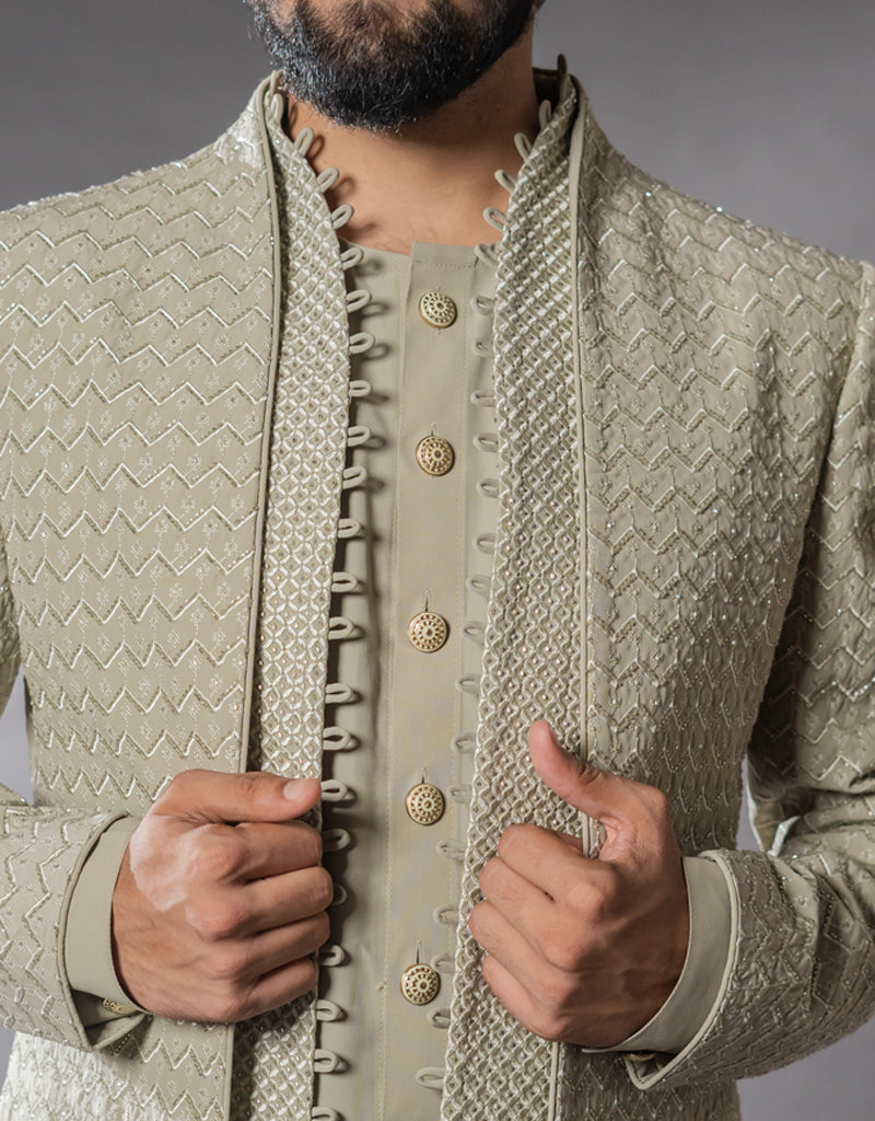 Four-piece Matka Silk Indo-western in Olive