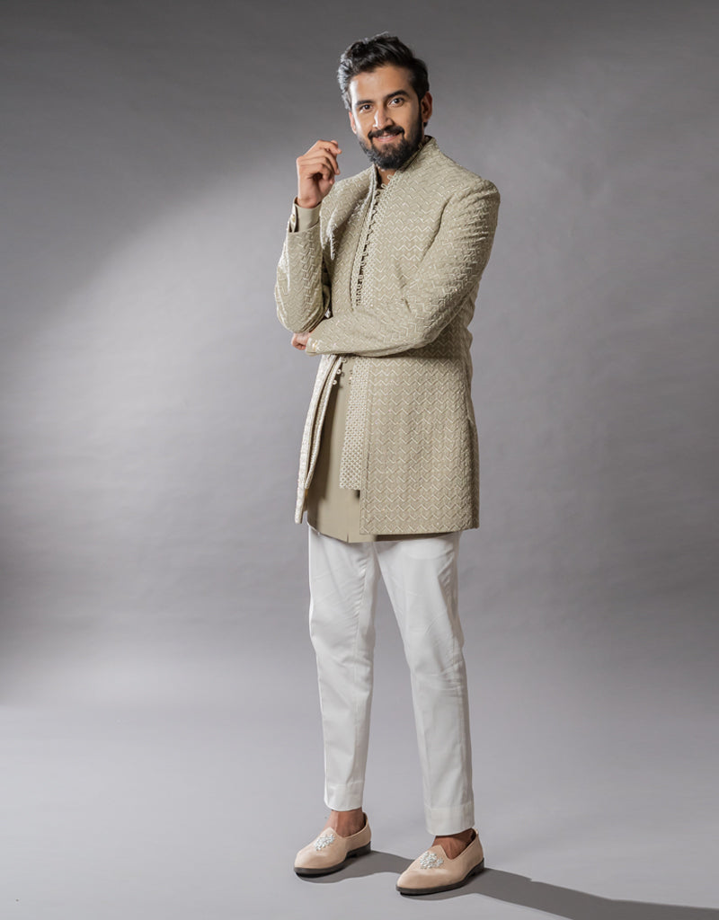 Four-piece Matka Silk Indo-western in Olive