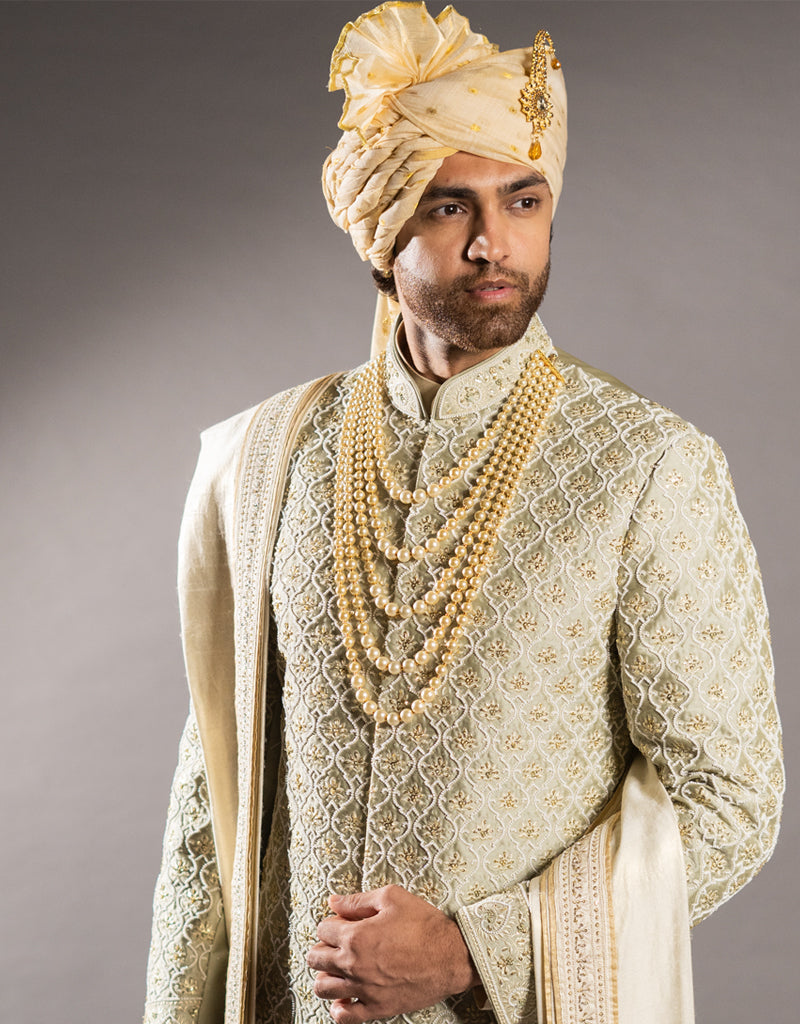 Four-piece Sherwani with Shimmer Work on Dupatta in Mint Green